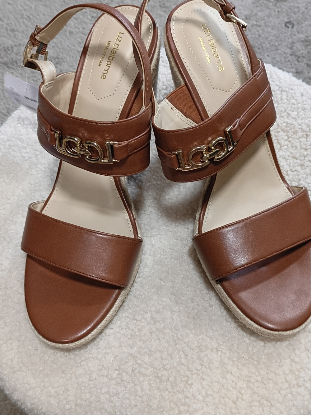 Liz Claiborne Cognac Brown Espadrille Wedge Sandals with Gold Accent